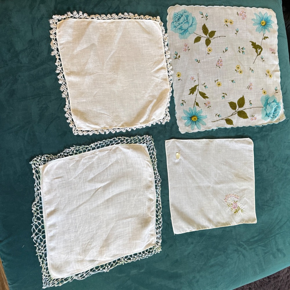Vintage Handkerchief Lot 4 Floral‎ Embroidered Lace Trim Cotton White Blue Pink